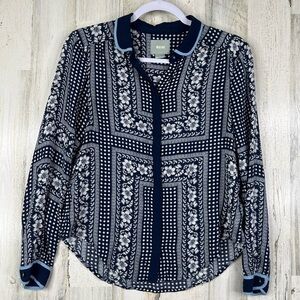 Anthropologie Maeve‎ Shirt Womens 2 Long Sleeve Blue Blouse Floral Polka Dot